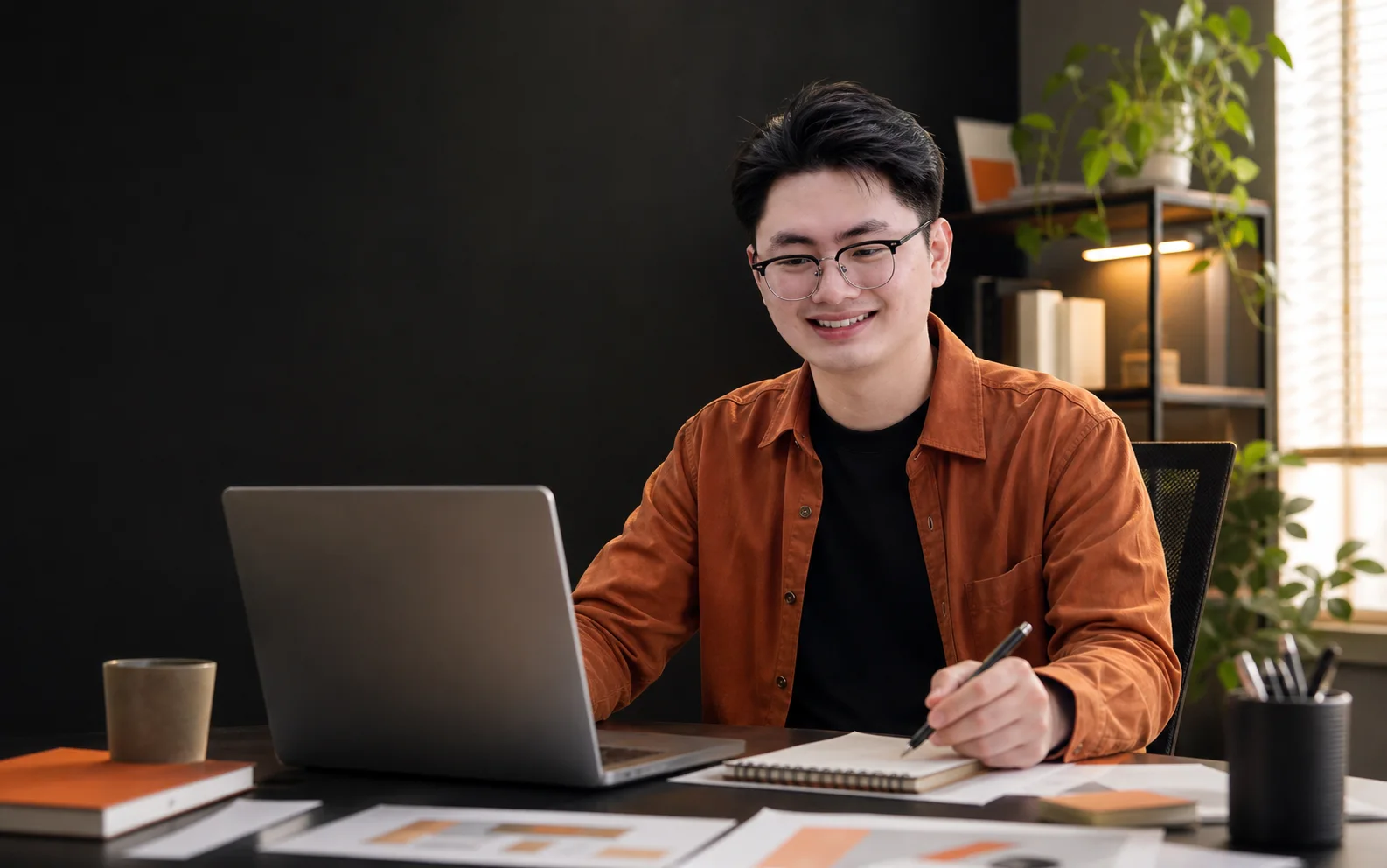Thế Anh làm việc với laptop và sổ ghi chép